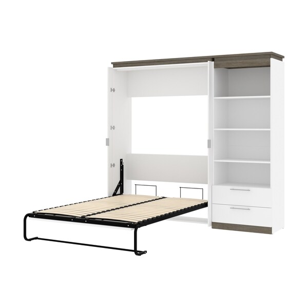 Orion Full Murphy Bed And Shelving Unit With Drawers (89W), White & Walnut Grey